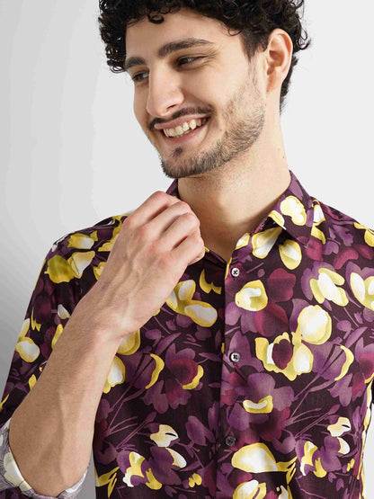 Celio Men Purple Printed Regular Fit Cotton Shirts