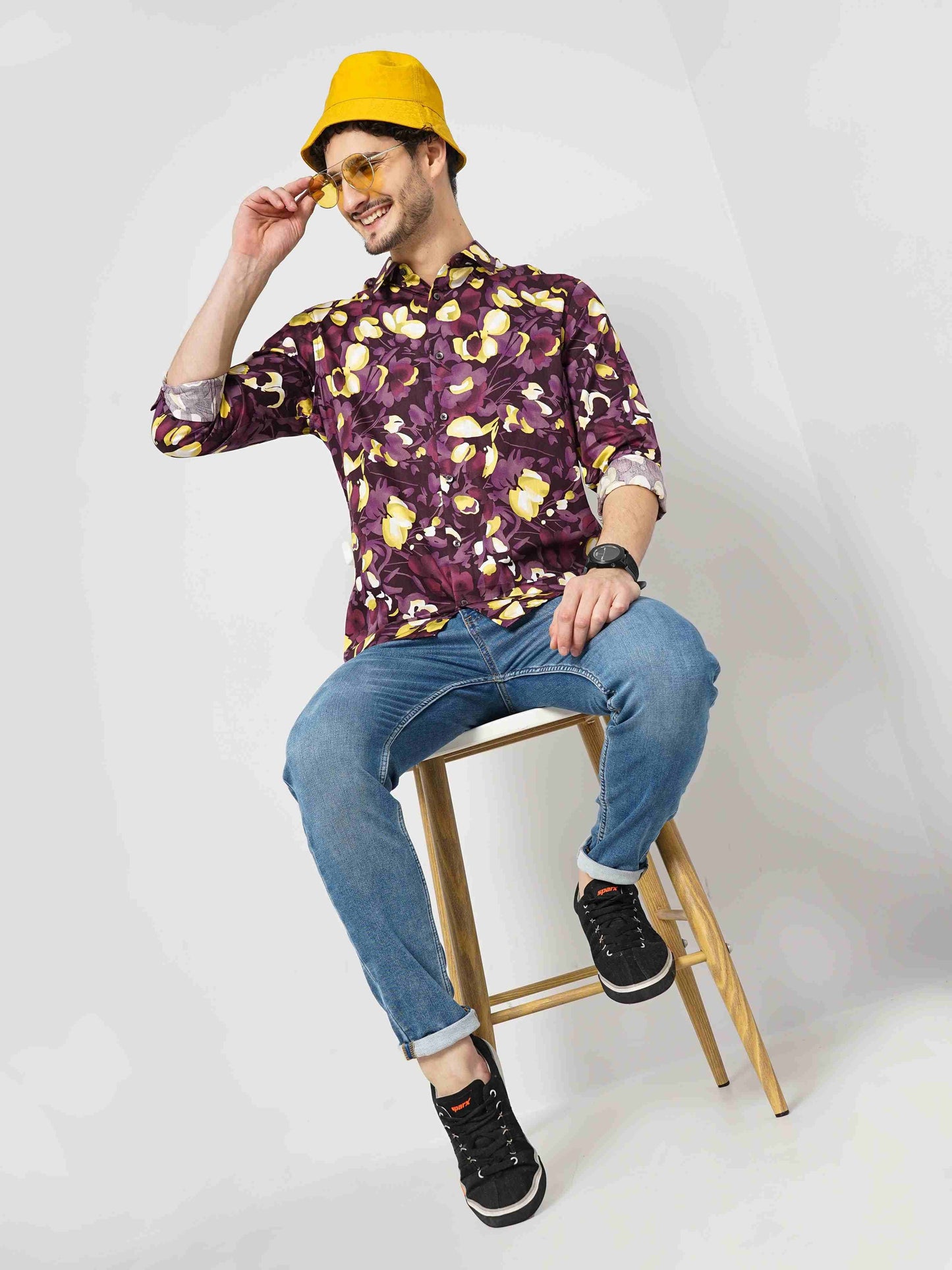 Celio Men Purple Printed Regular Fit Cotton Shirts