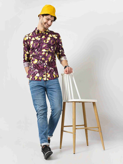 Celio Men Purple Printed Regular Fit Cotton Shirts
