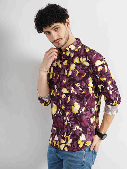 Celio Men Purple Printed Regular Fit Cotton Shirts