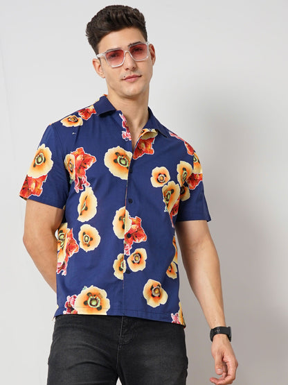 Celio Men Blue Printed Regular Fit Cotton Shirts