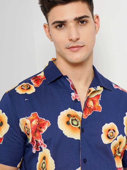 Celio Men Blue Printed Regular Fit Cotton Shirts