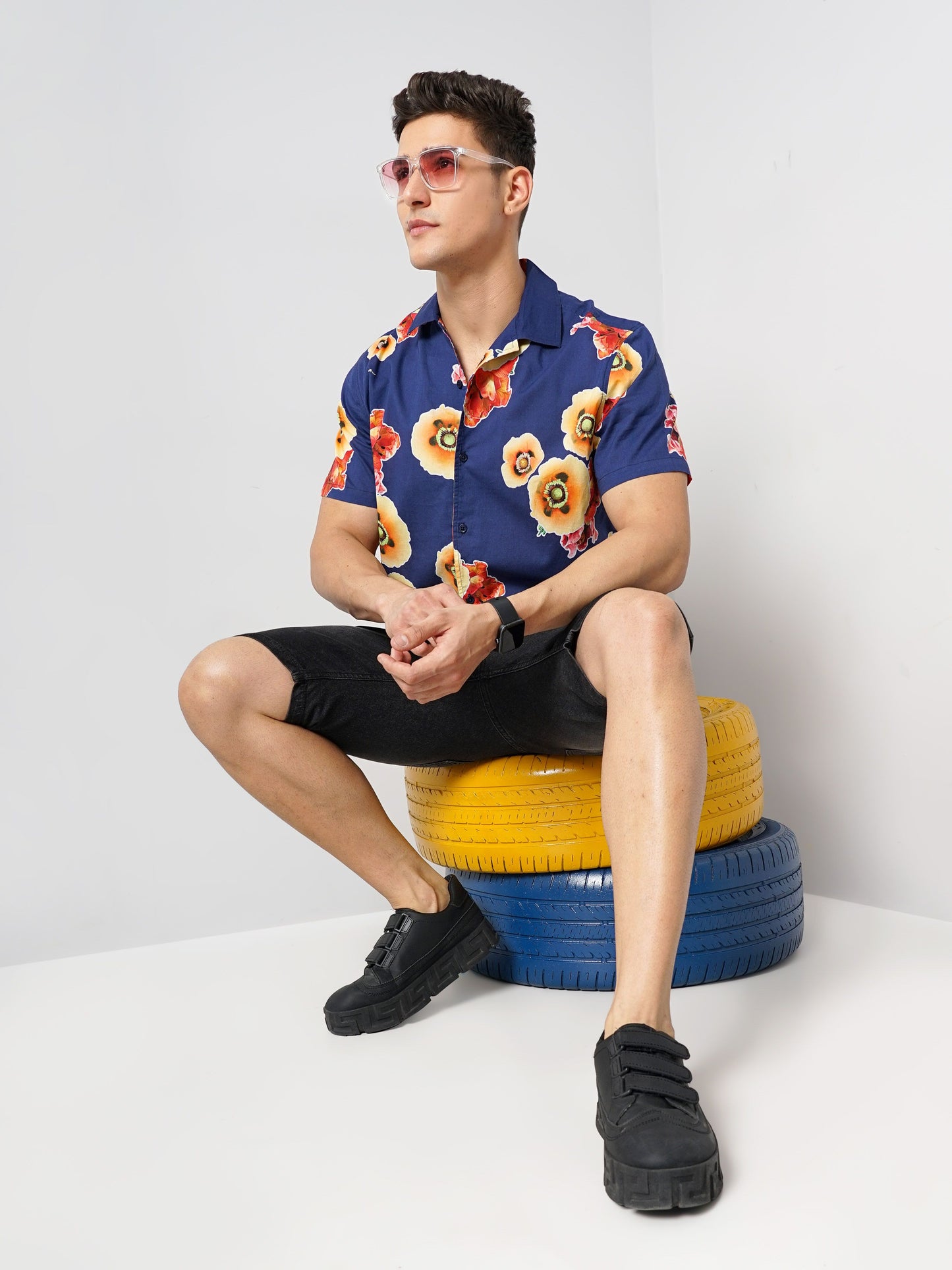 Celio Men Blue Printed Regular Fit Cotton Shirts