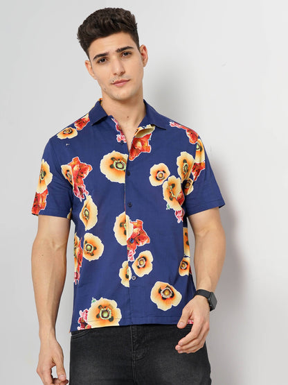 Celio Men Blue Printed Regular Fit Cotton Shirts