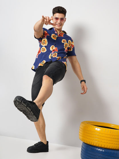 Celio Men Blue Printed Regular Fit Cotton Shirts