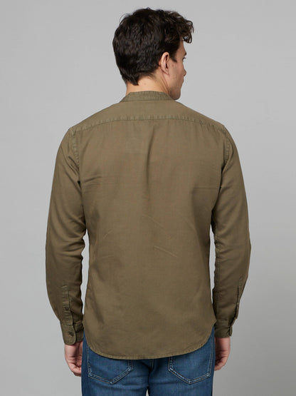 Celio Men Olive Solid Regular Fit Cotton Shirts