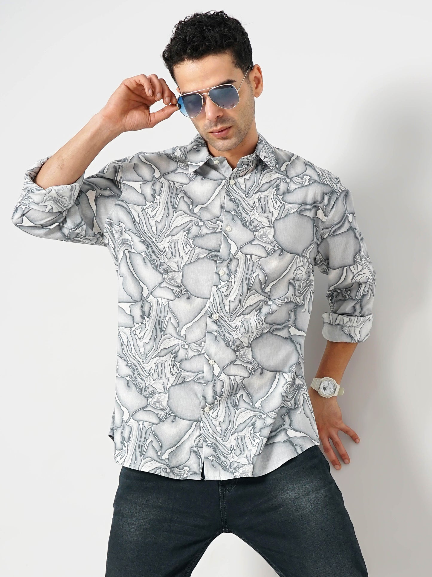 Grey Printed Cotton Shirt