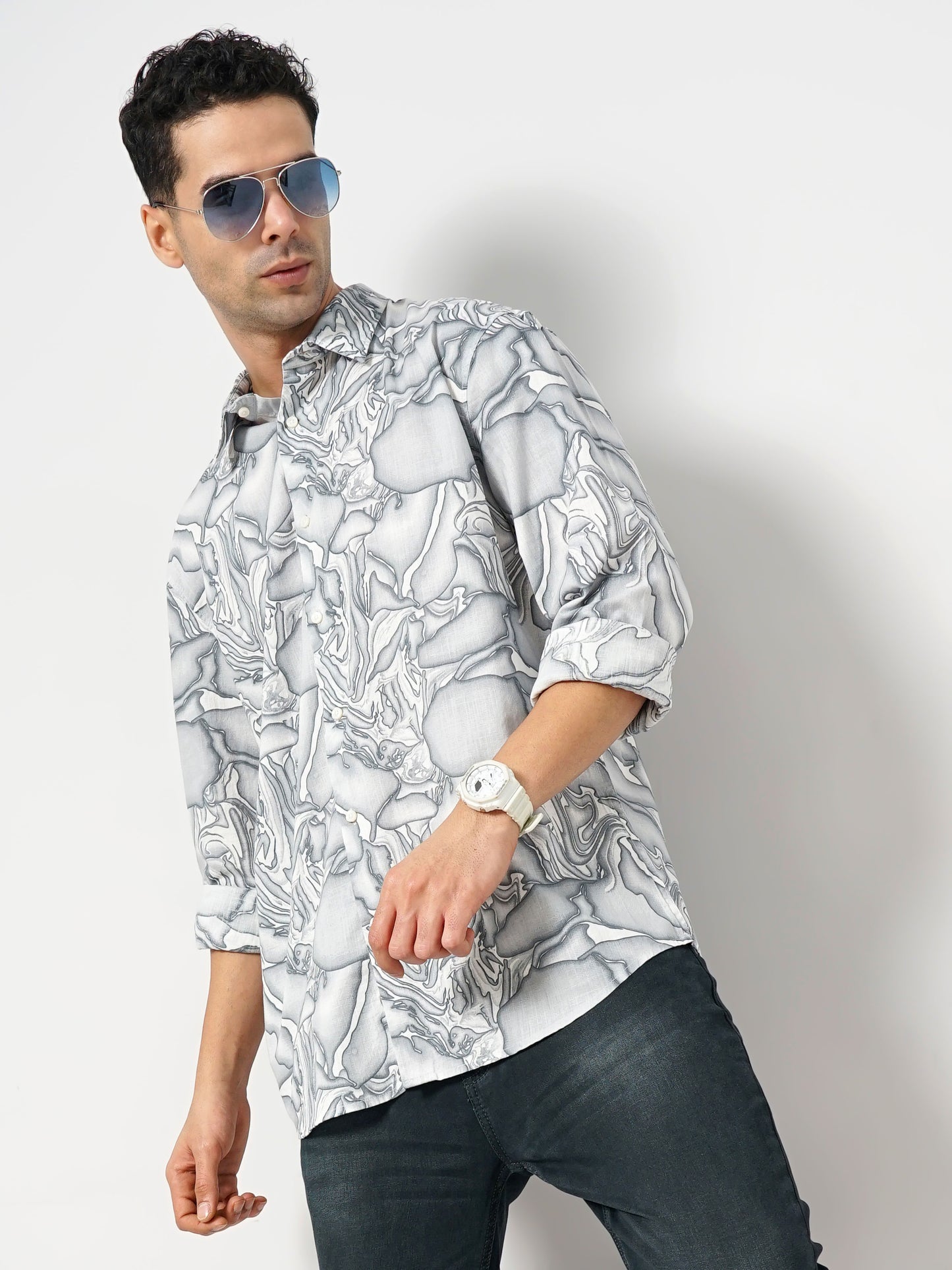 Grey Printed Cotton Shirt