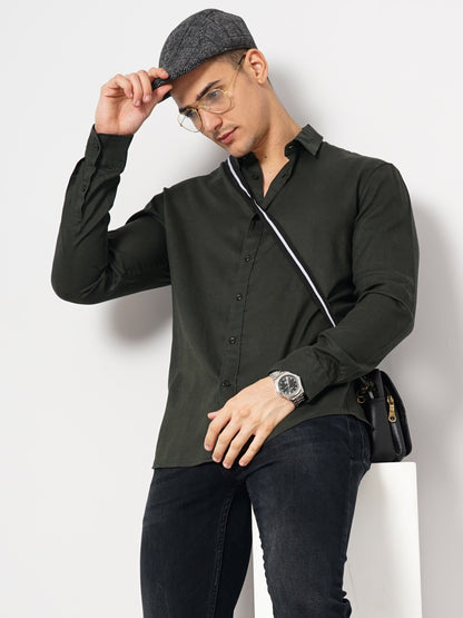 Celio* Men Green Solid Regular Fit Linen-Blend Shirts