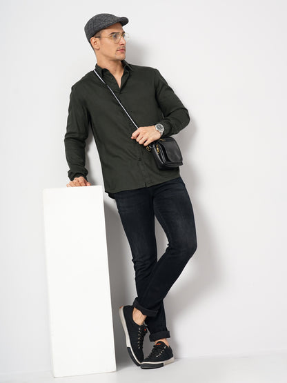 Celio* Men Green Solid Regular Fit Linen-Blend Shirts