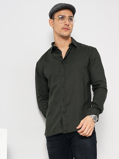 Celio* Men Green Solid Regular Fit Linen-Blend Shirts