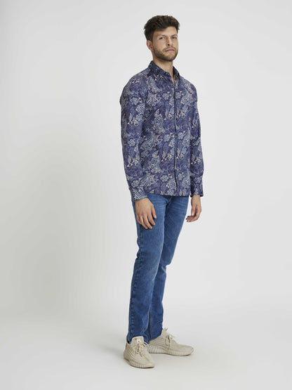 Celio Men Blue Printed Regular Fit Cotton Shirts