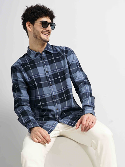 Celio Men Blue Checked Regular Fit Cotton Shirts