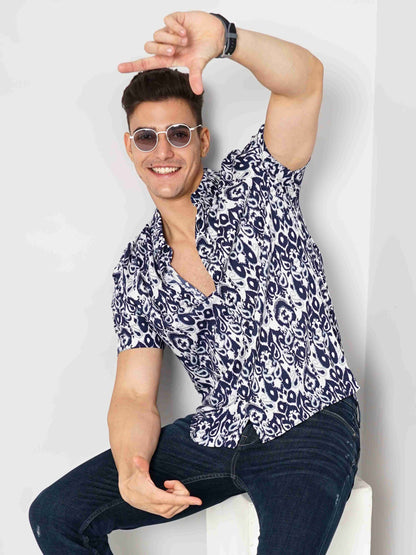 Celio Men Blue Printed Regular Fit Cotton Shirts