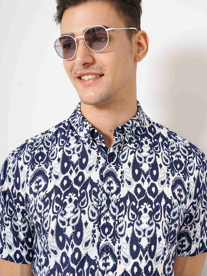 Celio Men Blue Printed Regular Fit Cotton Shirts