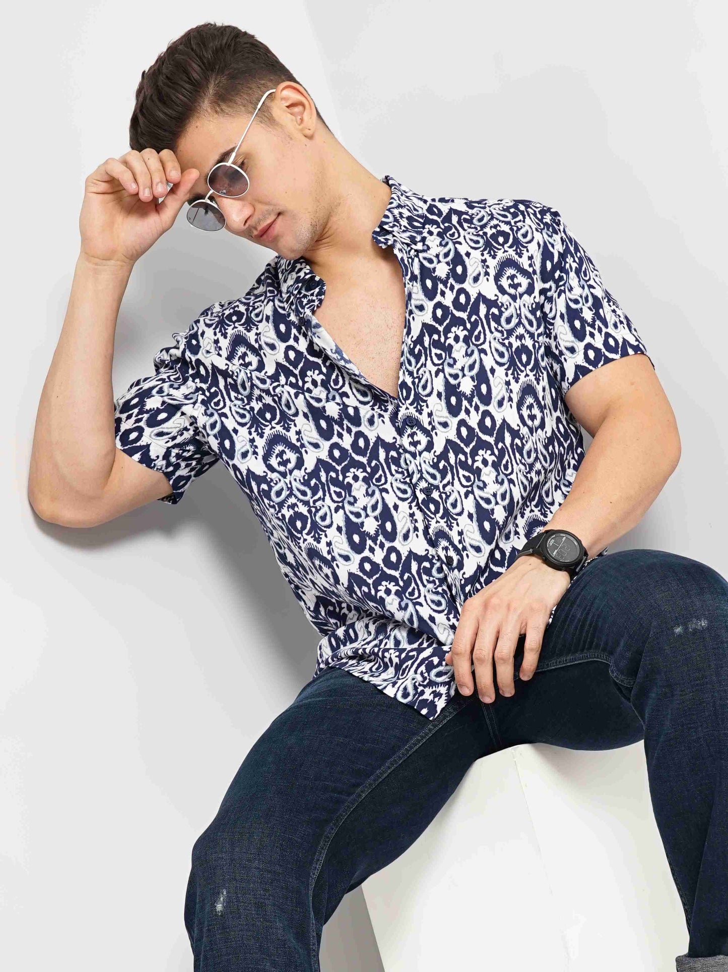 Celio Men Blue Printed Regular Fit Cotton Shirts