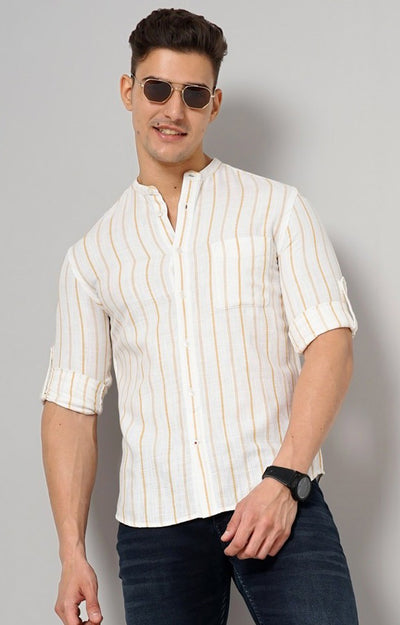 Celio Men Yellow Striped Regular Fit Linen Shirts
