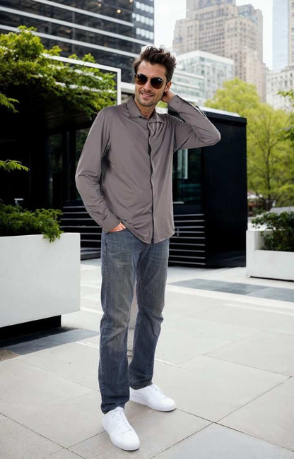 Celio Men Grey Solid Regular Fit Poly-Blend Shirts