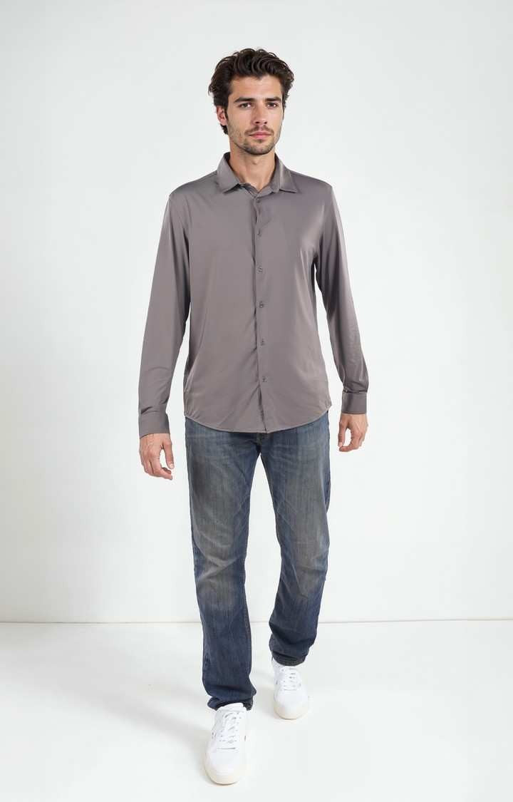 Celio Men Grey Solid Regular Fit Poly-Blend Shirts