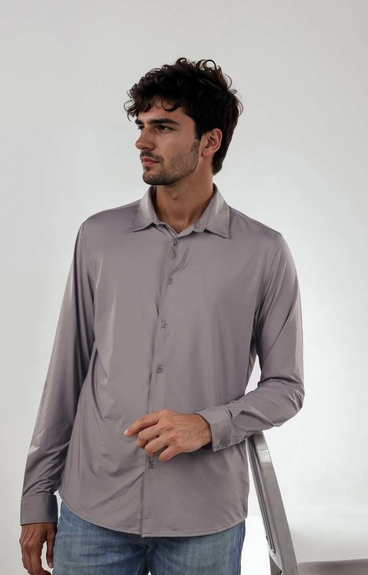 Celio Men Grey Solid Regular Fit Poly-Blend Shirts