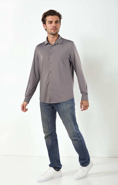 Celio Men Grey Solid Regular Fit Poly-Blend Shirts