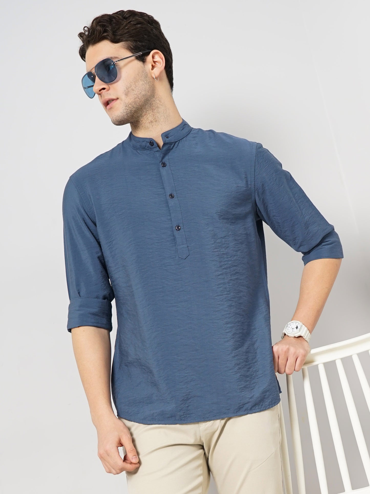 Blue Solid Viscose Shirt