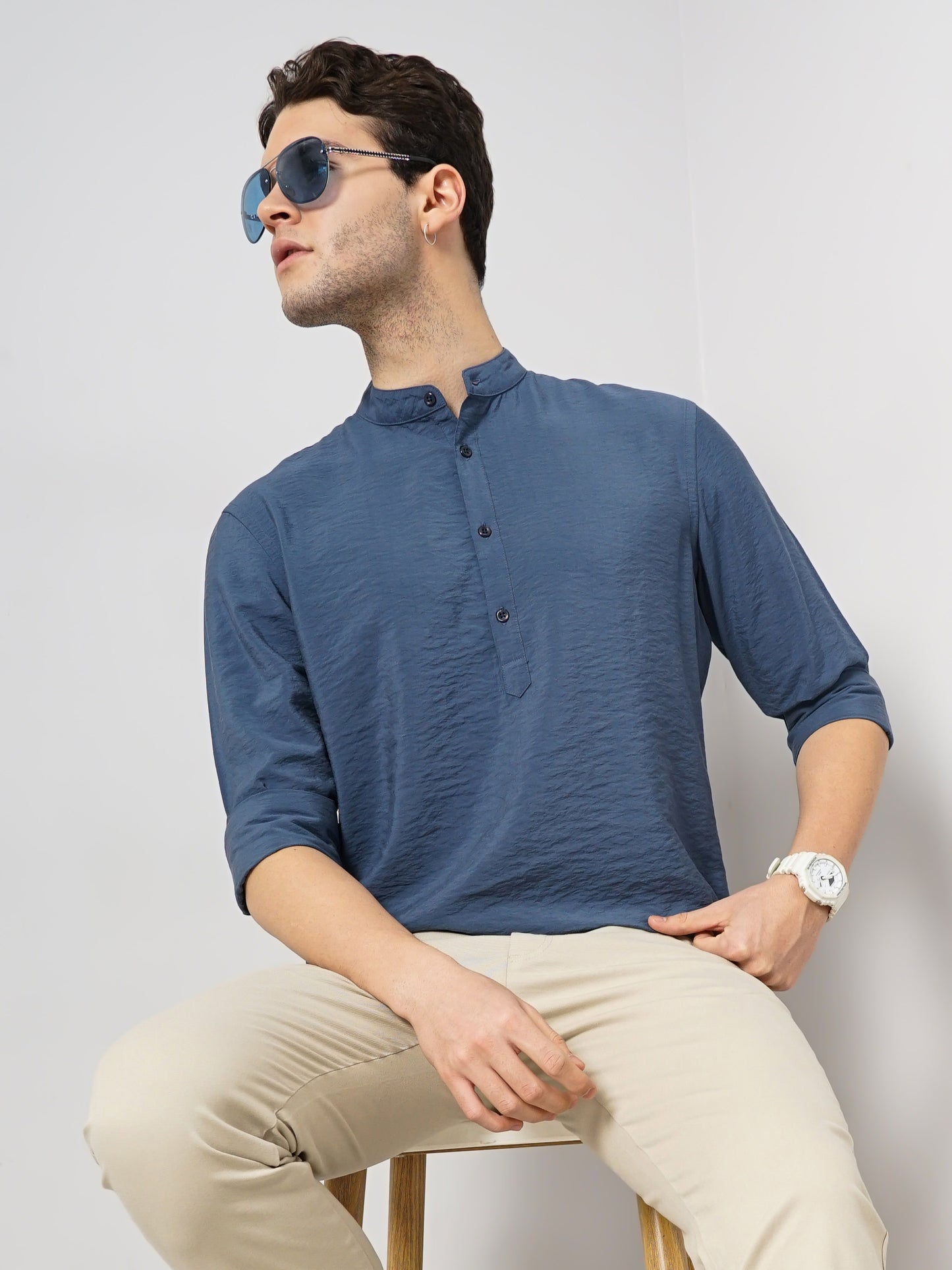 Blue Solid Viscose Shirt