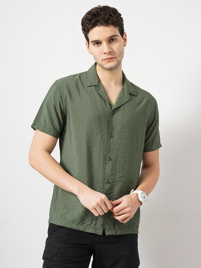 Celio* Solid Regular Fit Viscose Olive Shirt