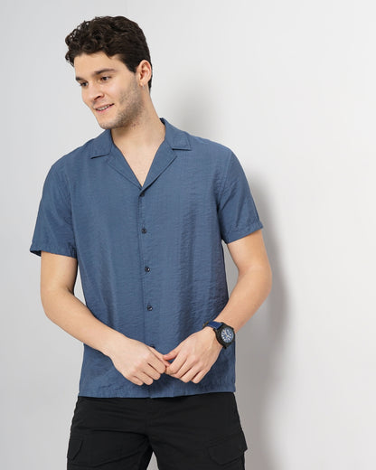 Blue Solid Viscose Shirt