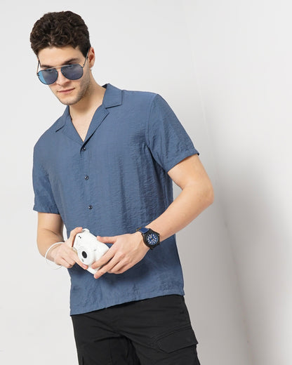 Blue Solid Viscose Shirt