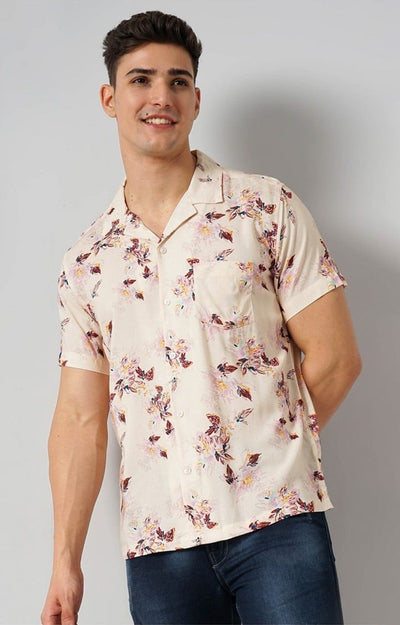 Celio Men Beige Printed Regular Fit Viscose Shirts