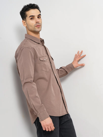 Brown Solid Cotton Shirt