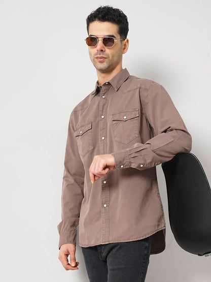 Brown Solid Cotton Shirt