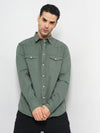 Celio* Solid Regular Fit Cotton Olive Shirt