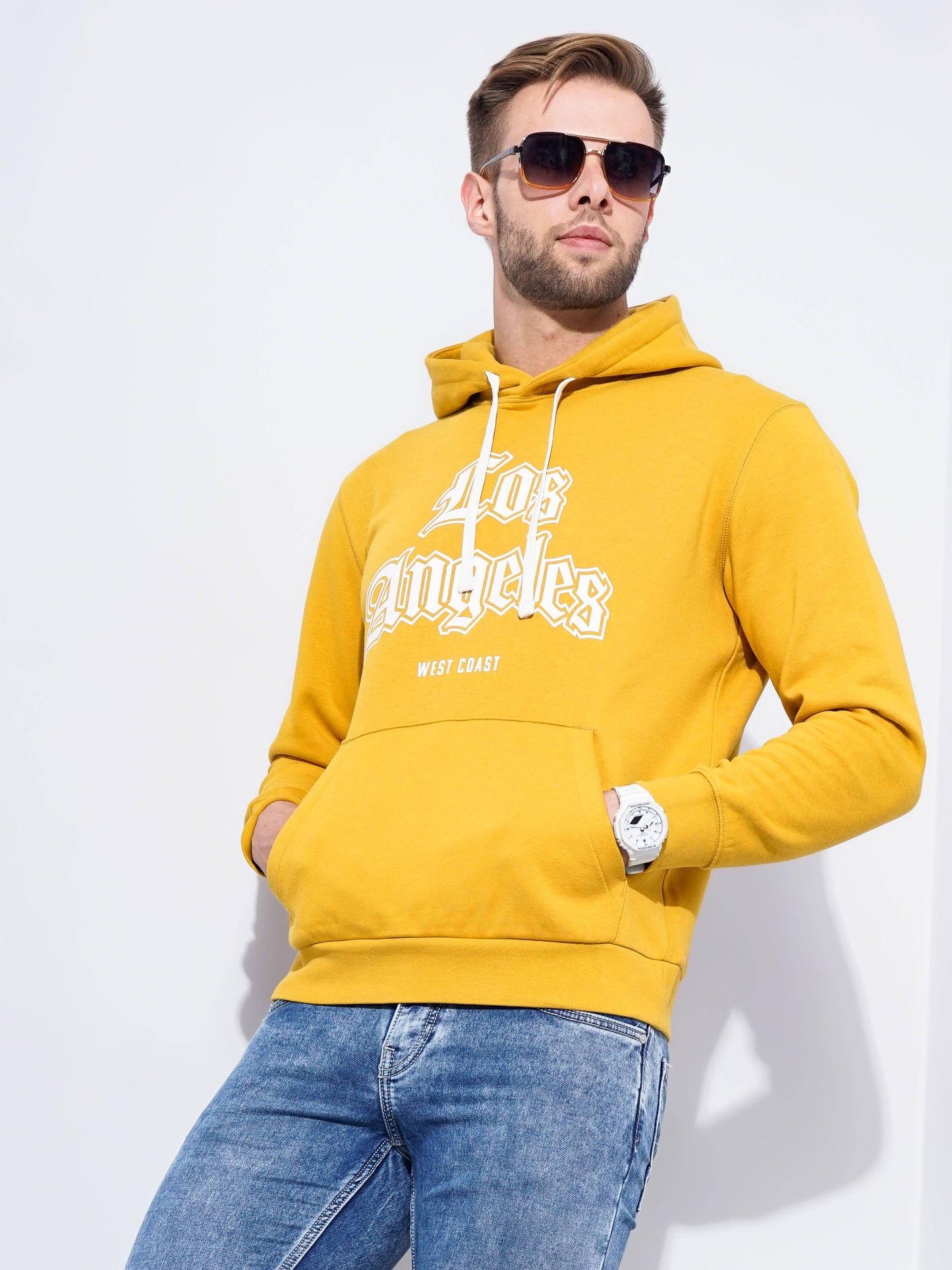 Celio Men Yellow Printed Regular Fit Cotton Sweatshirts