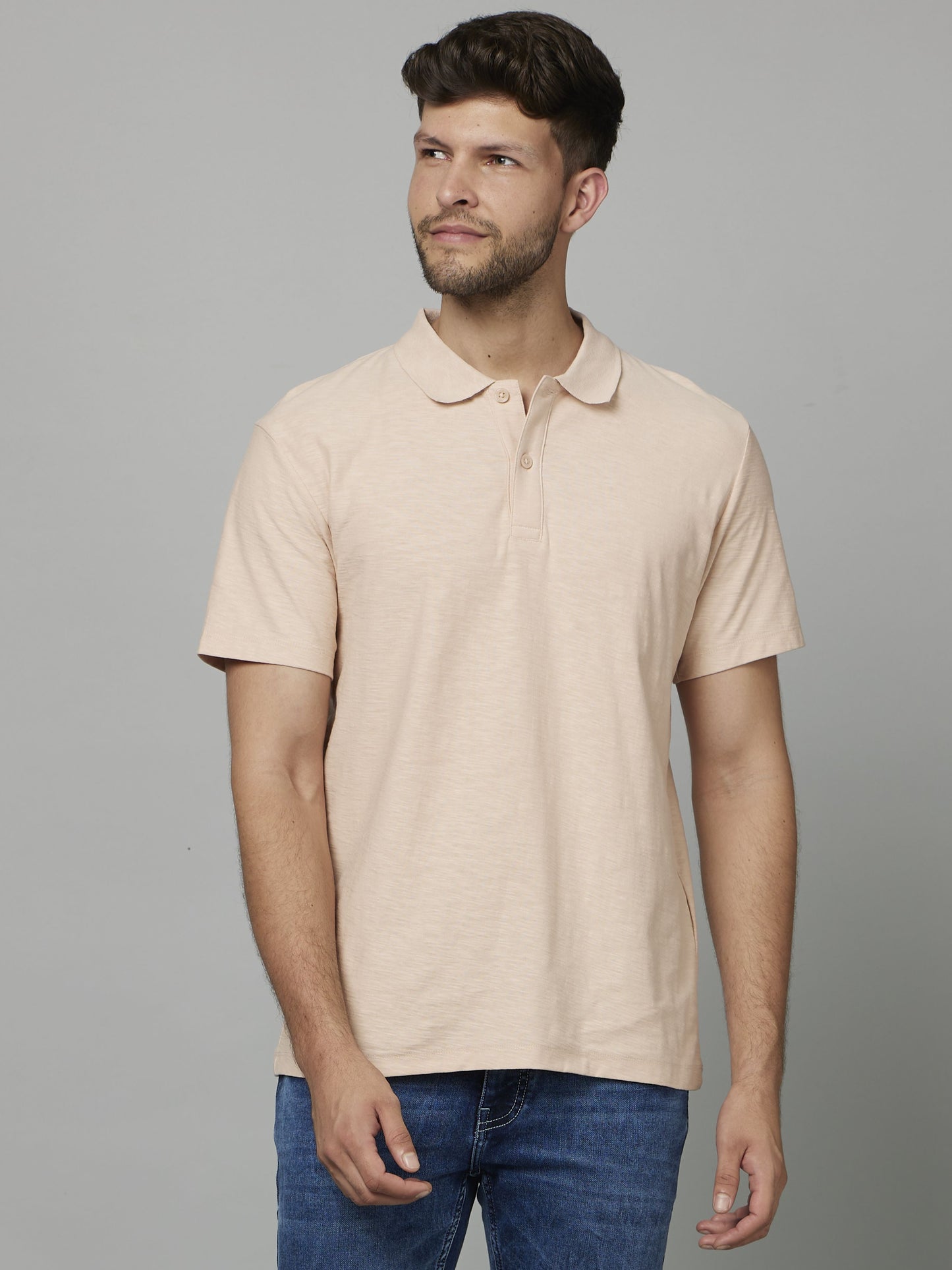 Celio Men Peach Solid Regular Fit Cotton T-Shirts