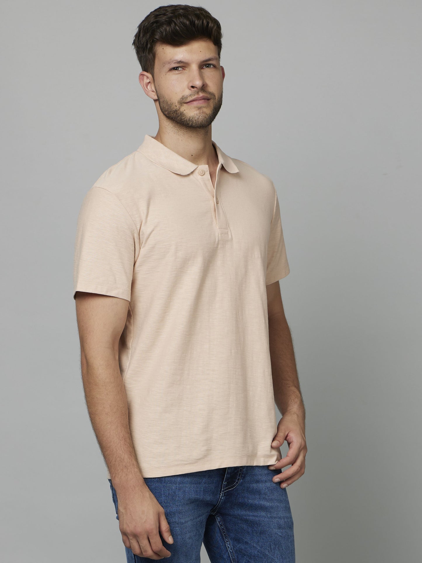 Celio Men Peach Solid Regular Fit Cotton T-Shirts