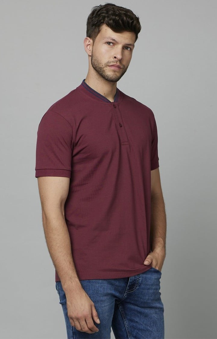 Celio Men Burgundy Solid Regular Fit Cotton T-Shirts