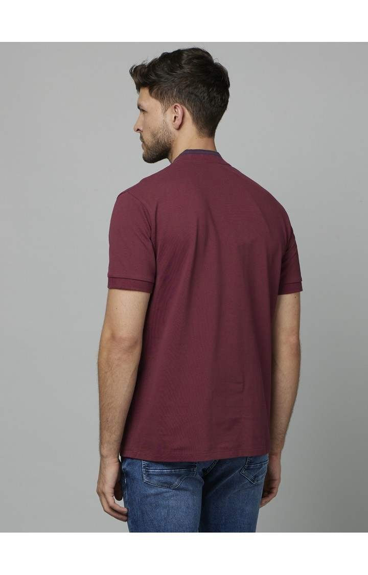 Celio Men Burgundy Solid Regular Fit Cotton T-Shirts