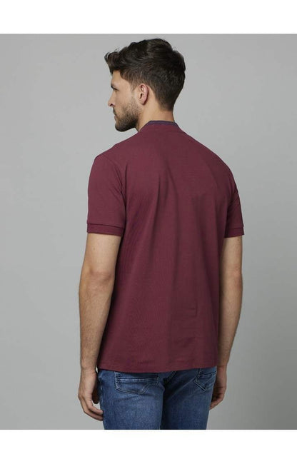 Celio Men Burgundy Solid Regular Fit Cotton T-Shirts