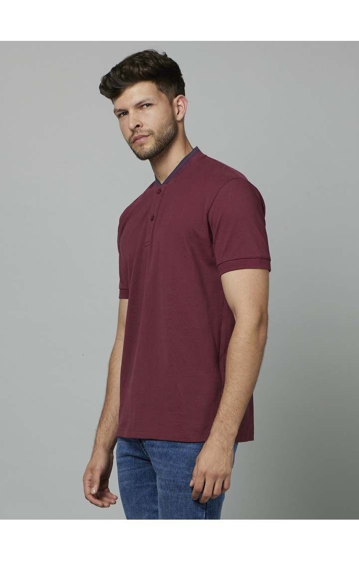Celio Men Burgundy Solid Regular Fit Cotton T-Shirts