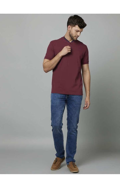 Celio Men Burgundy Solid Regular Fit Cotton T-Shirts