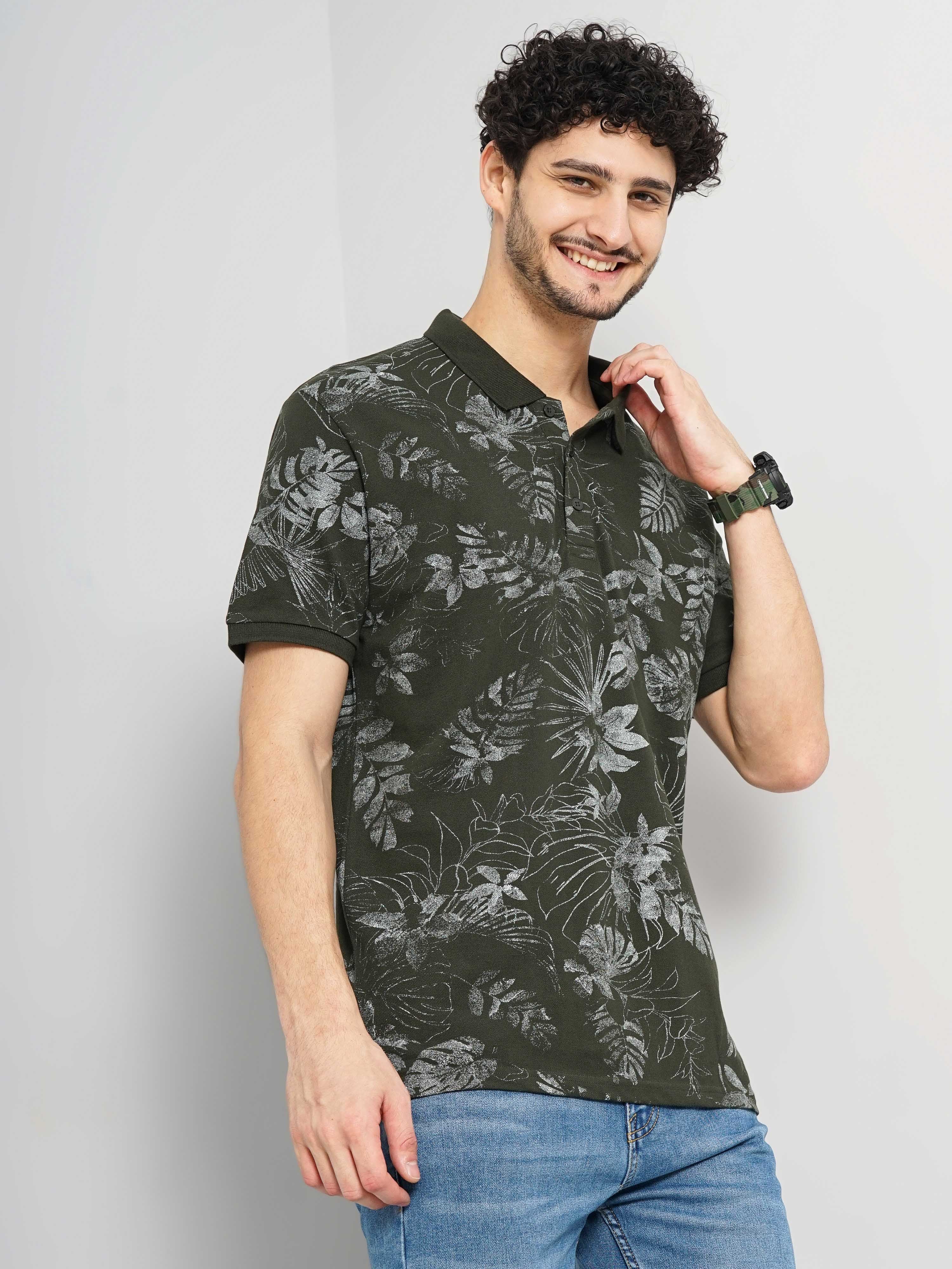 Celio Men Olive Printed Regular Fit Cotton T-shirts