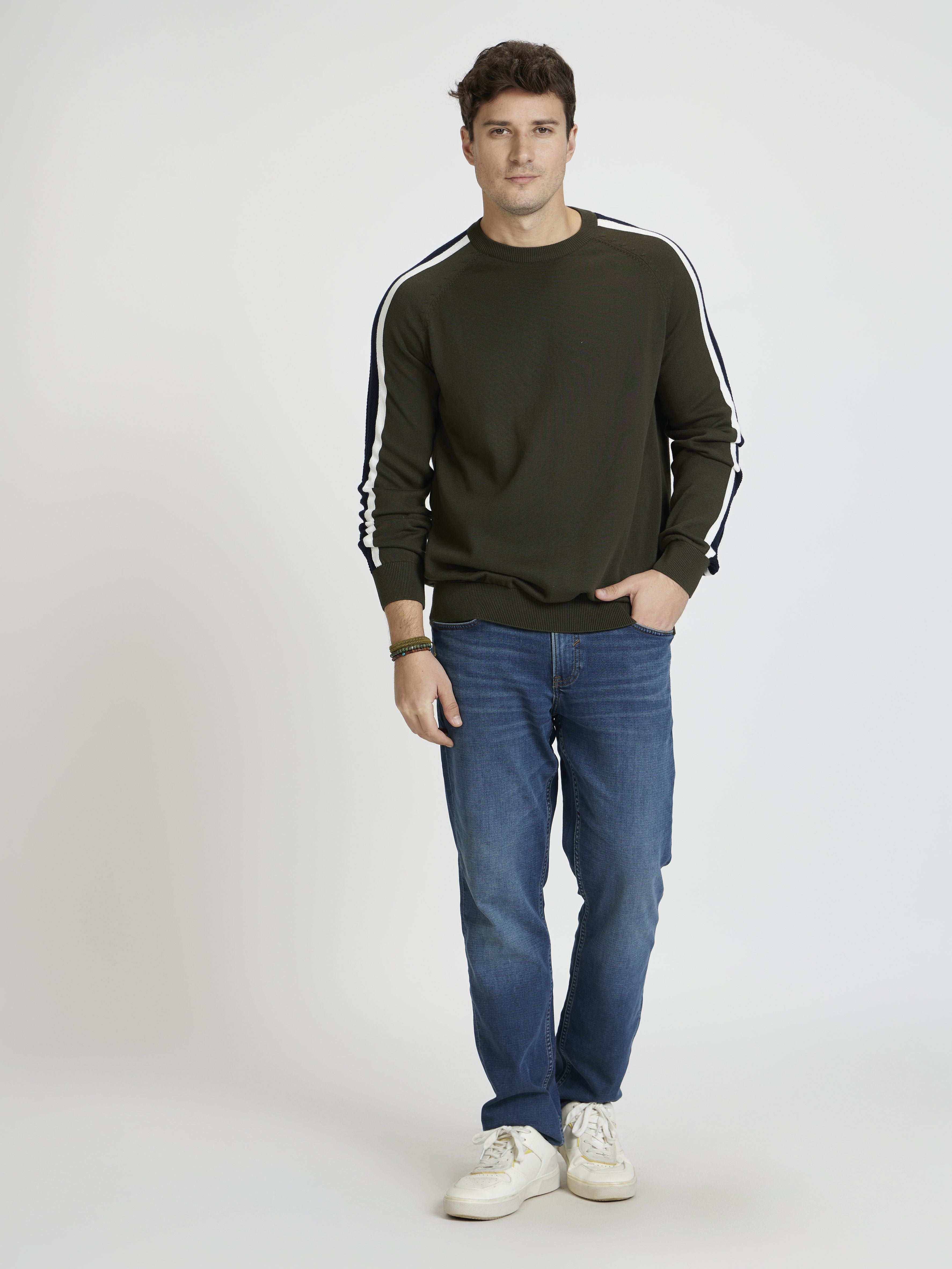 Celio Men Olive Striped Regular Fit Cotton Sweaters