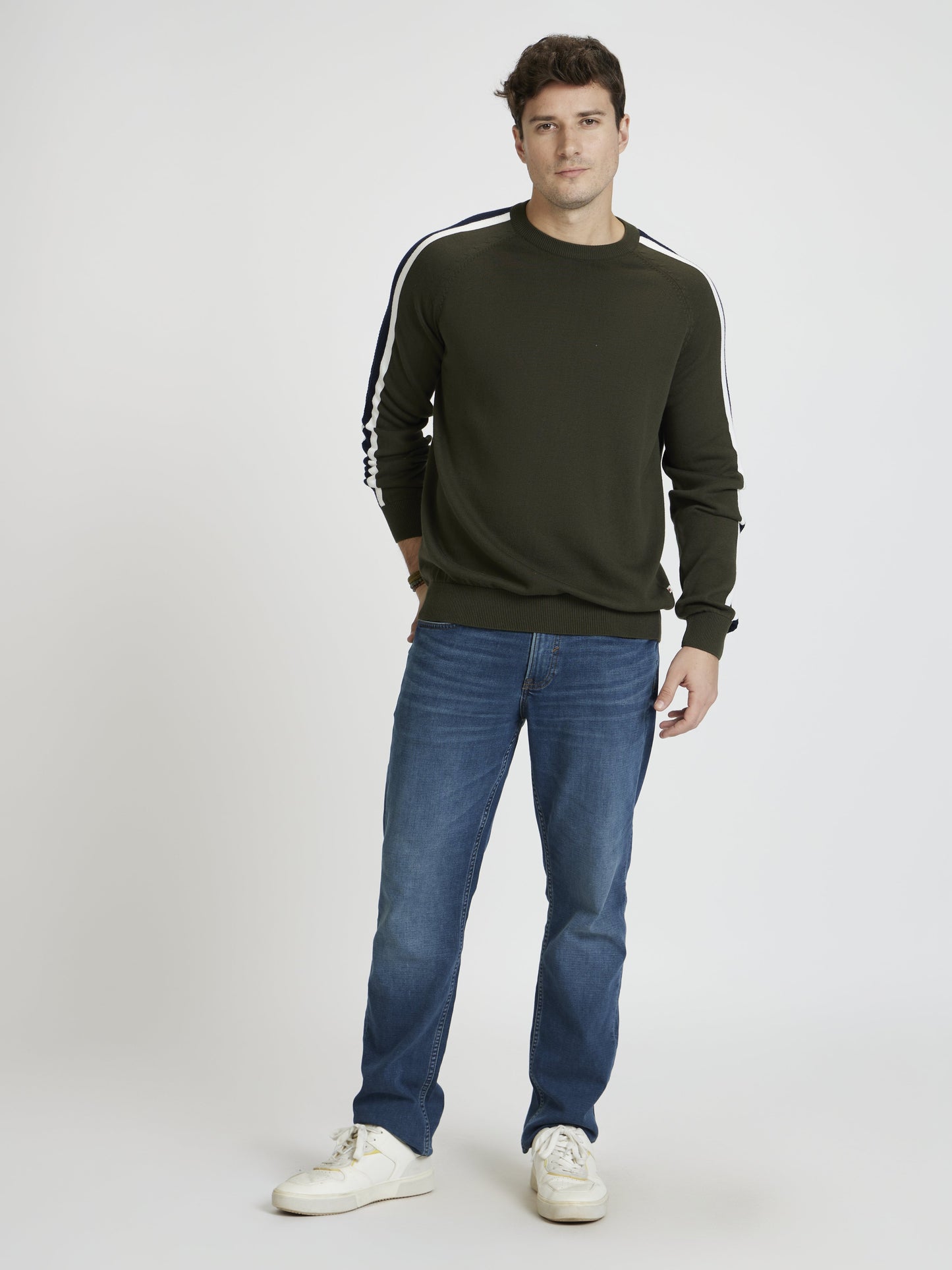 Celio* Men Olive Striped Regular Fit Cotton Sweaters