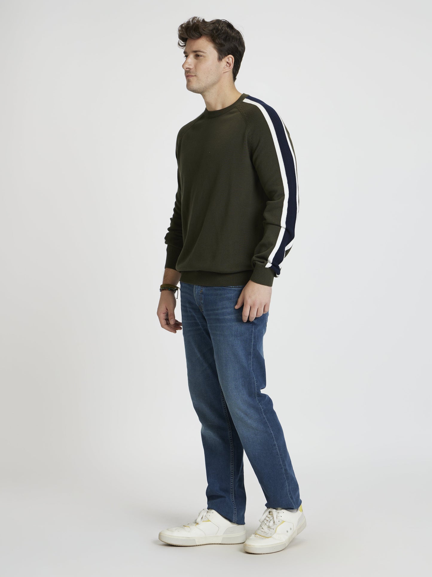 Celio* Men Olive Striped Regular Fit Cotton Sweaters