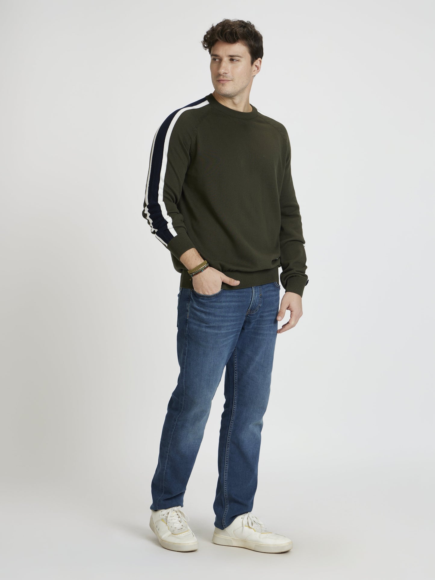 Celio* Men Olive Striped Regular Fit Cotton Sweaters