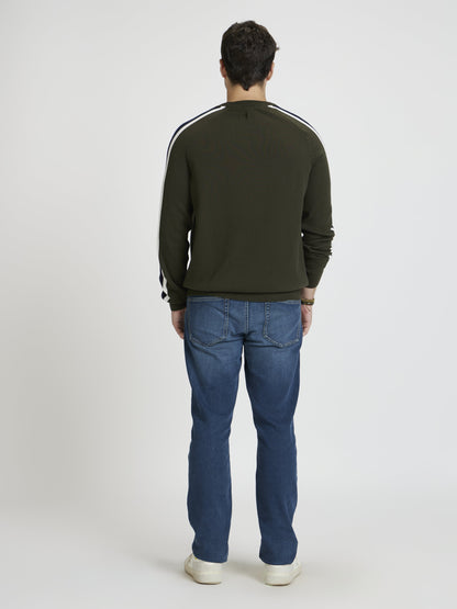 Celio* Men Olive Striped Regular Fit Cotton Sweaters