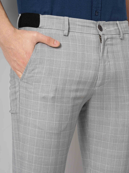 Celio* Men Grey Checked Slim Fit Polyester-Blend Trousers