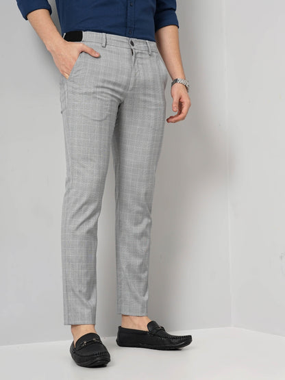 Celio* Men Grey Checked Slim Fit Polyester-Blend Trousers